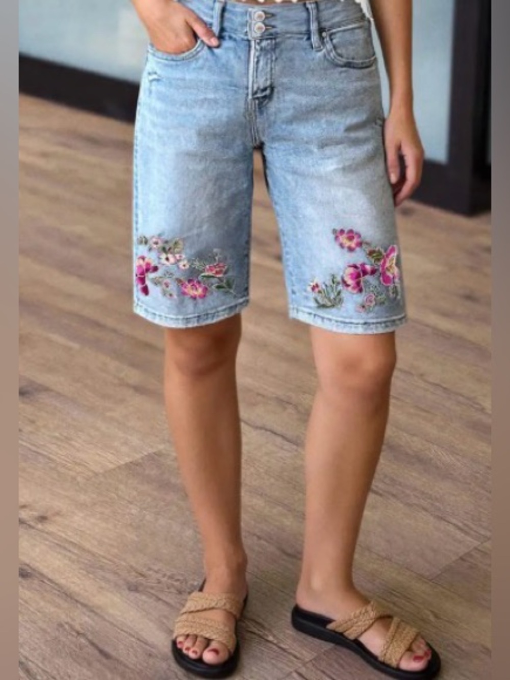 Flamingals Wash Floral Embroidery High Waist Denim Bermuda Shorts